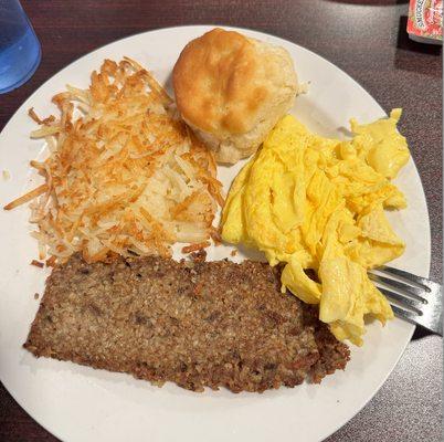 Two egg scrambled, goetta, hash browns, and biscuit.