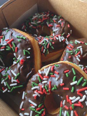 Holiday sprinkle donuts with chocolate frosting!!!