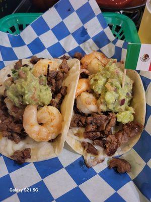 Shrimp and carne asada tacos.