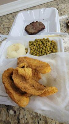 3 pieces of fresh fried catfish yummy peas smashed potatoes King's Hawaiian roll out of the picture and the little riblet patty