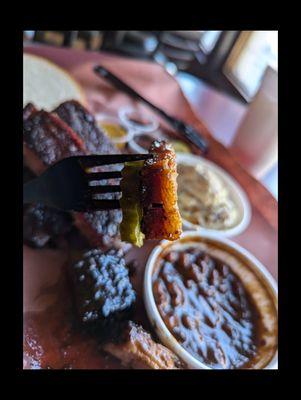 Sliver of bacon burnt ends and ribs plate