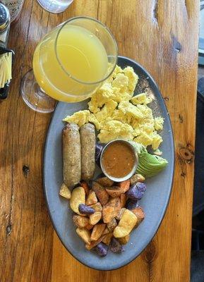 build your own breakfast w/ a side of veggie green chilli & mimosa