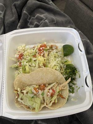 Chicken tostada (no sour cream) and chicken taco on corn tortilla