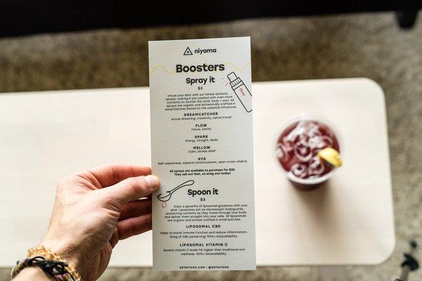 Boosters menu. Boost up your beverage with herbal sprays or liposomal liquids