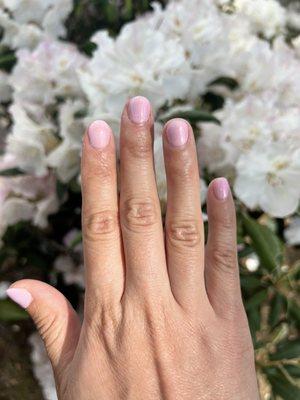 Gel pink nails with hints of glitter