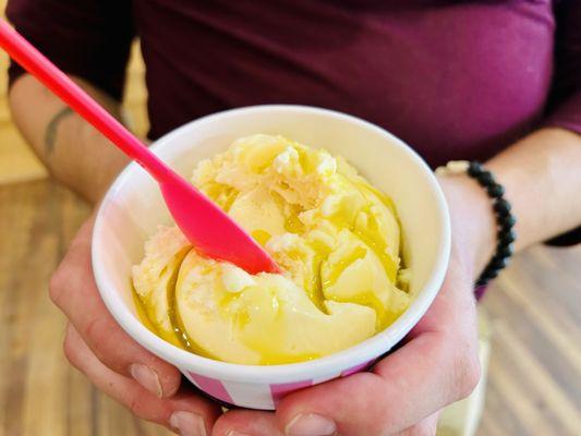 Fresh basil ice cream with lemon olive oil drizzle