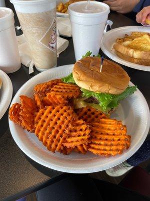 Double burger with sweet potato waffle fries!!!!