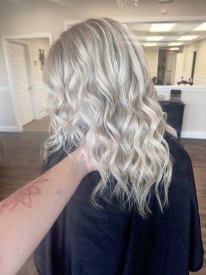 Full icy blonde highlight done by stylist Casey