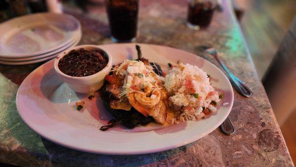 Tilapia & Crab Stuffed Poblano  Shrimp & pepper jack cheese, lemon butter, pico de gallo, black beans, white rice