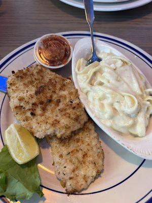 Pork loin Siciliano, delicious super tender breaded pork loin, sub fettuccine Alfredo, delicious!