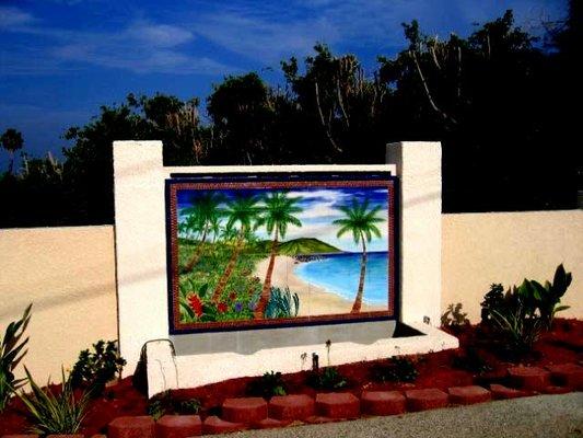 Seascape tile mural used on water feature in California.