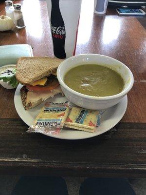 Split pea soup, half sandwich