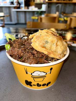 Beef Bop (beef bulgogi) and mandu potstickers