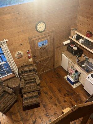 Kitchenette, living room, space from the loft.