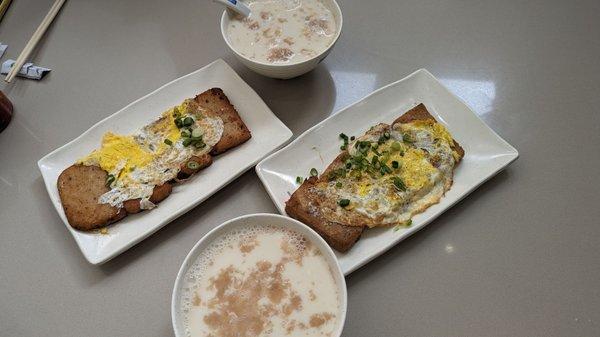 Daikon cake on the left, taro cake on the right.