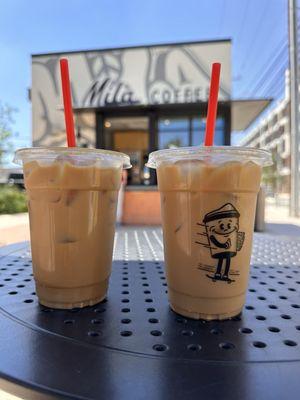 Left is iced latte with caramel and left is iced latte with vanilla syrup.