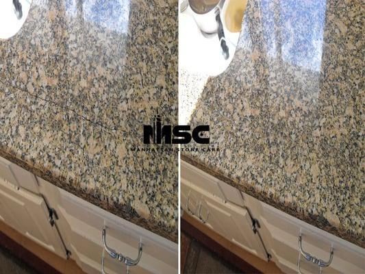 Granite crack repair of a kitchen countertop.