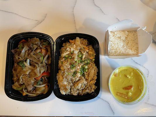 Drunken Noodles (Pad Kee Mao), Fried Rice, Yellow Curry