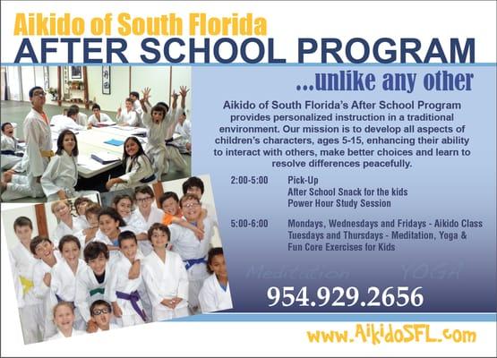 Exceptional After School Program that includes Aikido, Yoga, Kids Core Exercises and Meditation practices! We focus on their future.