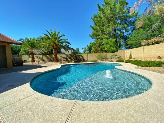 Aqua Blue Pebble Sheen resurface with Baja shelf addition with water feature.