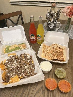 Carne Asada Nachos, Rolled tacos with Guacamole & Cheese, Carne Asada Quesadilla