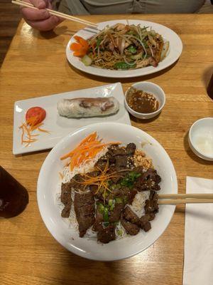 Grilled Beef on Vermicelli (number 35) Grilled Chicken Summer Roll, and Fried Rice Noodles with Meat Cimbo