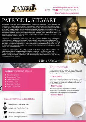 Bio and Speaker Sheet for owner Patrice Stewart