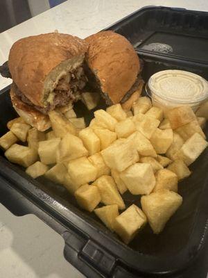 AR Burger with French Fries (ordered to go, aioli on the side)