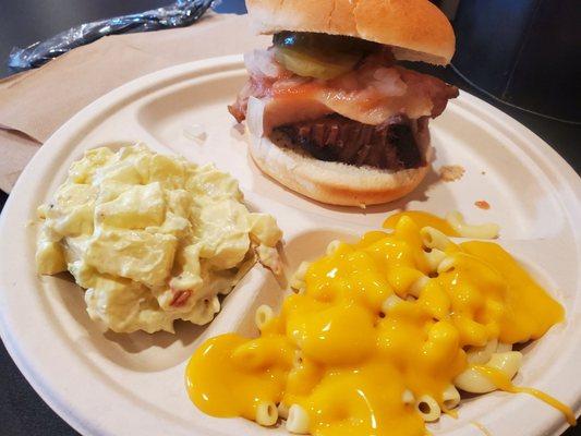 Brisket plate with potato salad and Mac and cheese