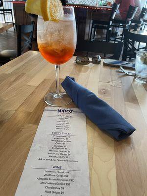 Drink menu and Aperol Spritzer