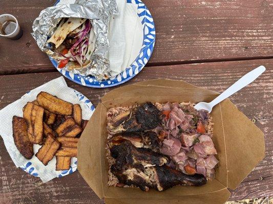 Jerk Chicken Plate, Beef Brisket Wrap, side of plantains.