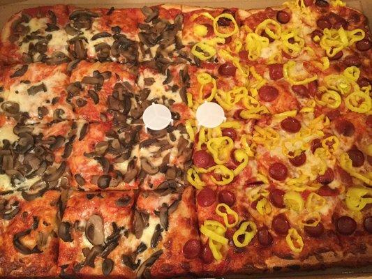 Sheet Pizza  1/2 Mushroom 1/2 pepperoni & Banana Peppers  Yummy