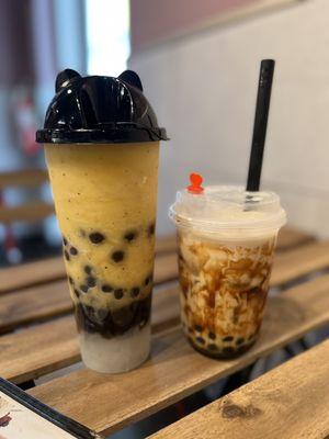 Passion fruit smoothie with boba and coconut jelly.   Tiger milk with boba.