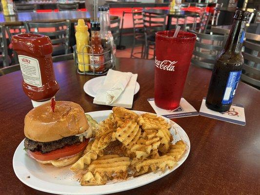 Big J Burger with waffle fries with Cajun