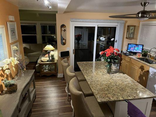 My new luxury vinyl tile,  my Amish counter stools, and my new console all from Skaff Furniture and Carpet!