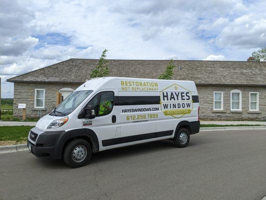 One of our service vans at historic Fort Snelling after wrapping up a window restoration project.