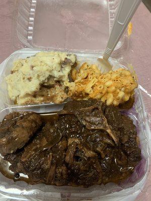 Ox tails, mash potatoes, and Mac and cheese