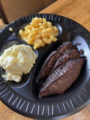 One meat plate with brisket, Mac, and potato salad.