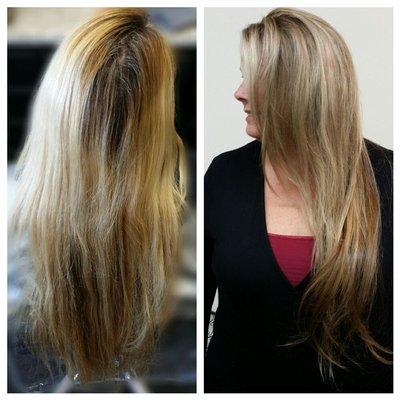 Before: regrowth & brassy color & Damaged.
After: Highlites, Lowlites, toner, Olaplex Treatment. Shiney healthy beautiful demensional color.