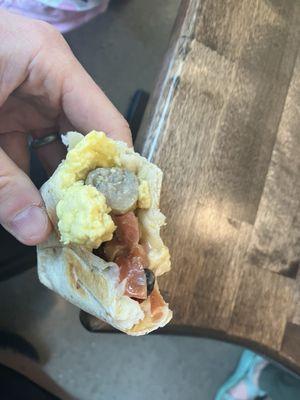 Inside of breakfast burrito