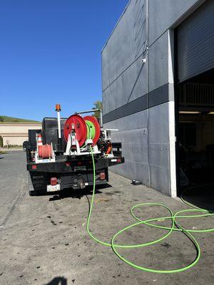 Hydro jetting sewer line inside the building