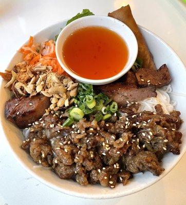 Lemongrass pork and meatball vermicelli bowl for $15