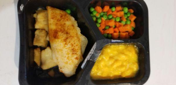 Baked Swai, peas & carrots and macaroni and cheese