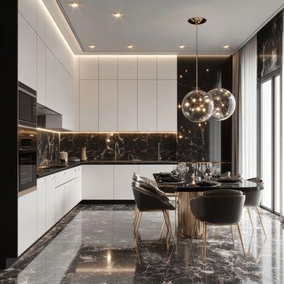 Modern white kitchen with sleek lines and minimalist design. Clean, bright, and stylish, blending functionality with contemporary elegance.