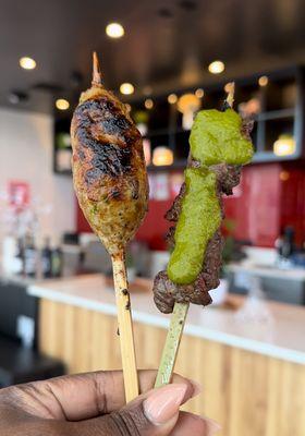 Chicken meatball and Skirt steak Yakitori