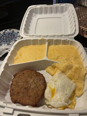 Cheese grits sausage and over easy eggs