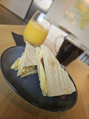 Breakfast sandwich, mimosa, drip coffee