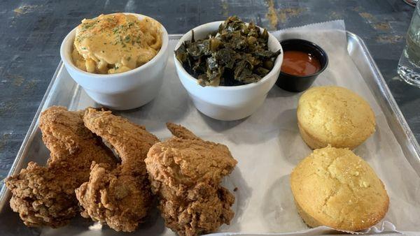 Fried Chicken Wings, greens, mac and corn bread muffins!