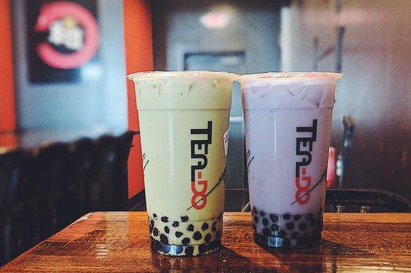 Japanese Green Milk Tea (matcha) and Taro Milk Tea with Boba