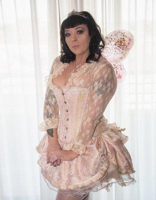 Custom couture corset & skirt in cotton candy & gold